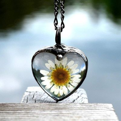 Alternate image for Real Pressed Flower Daisy Heart Pendant Necklace for Women, Stained Glass Jewelry