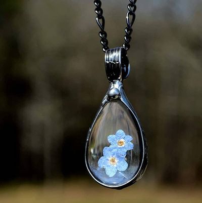 Alternate image for Pressed Flower Necklace, Real Forget Me Not Jewelry, Blue Botanical Teardrop Pendant, Quality Glass Necklace for Women,
