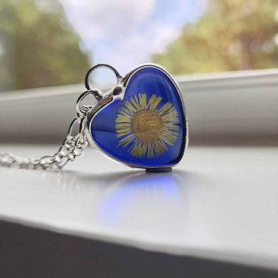 Alternate image for Blue Stained Glass Heart Necklace for Women, Real Pressed Flower Sunflower Pendant, Valentines Day Jewelry Gift for Her