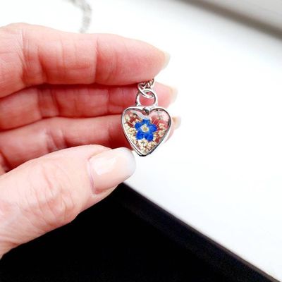 Alternate image for Real Pressed Flower Heart Necklace, Queen Annes Lace Pendant with Forget-Me-Not, 13th Anniversary Jewelry Gift