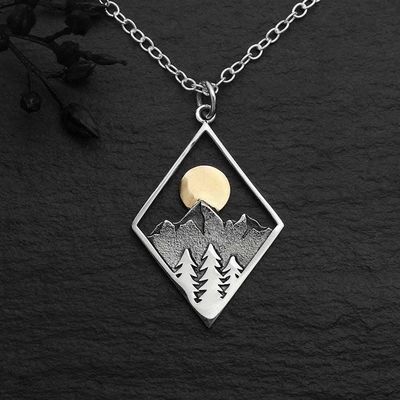 Alternate image for Sterling Silver Mountain Necklace with Bronze Sun