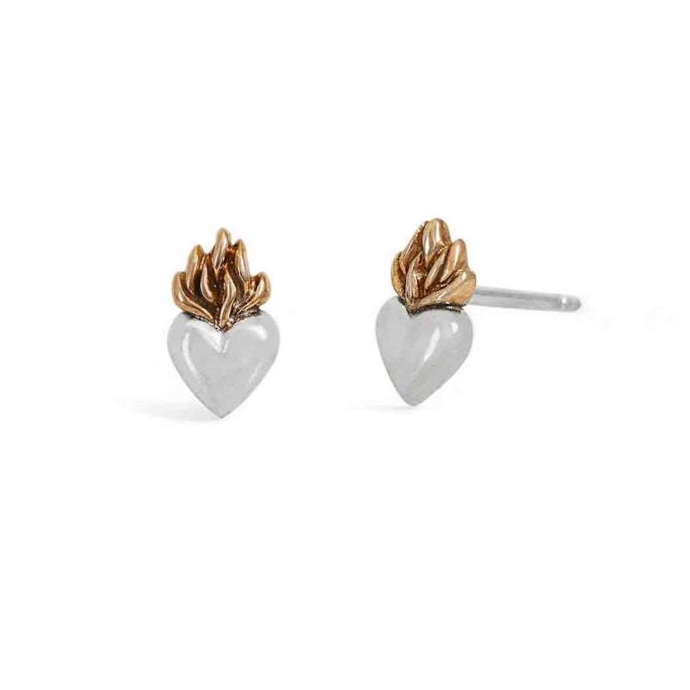 Heart Stud Earrings with Bronze Flame