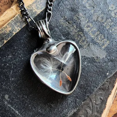 Alternate image for Dandelion Seed Heart Pendant Necklace for Women, Stained Glass Terrarium Jewelry