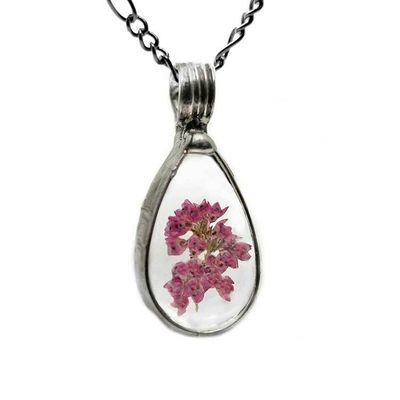 Alternate image for Pressed Flower Jewelry, Pink Teardrop Pendant, Scottish Heather Necklace for Women, Made in USA of Glass not Resin