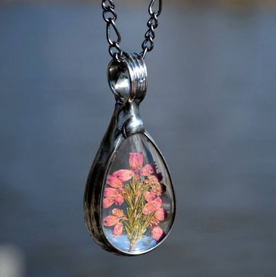 Alternate image for Pressed Flower Jewelry, Pink Teardrop Pendant, Scottish Heather Necklace for Women, Made in USA of Glass not Resin
