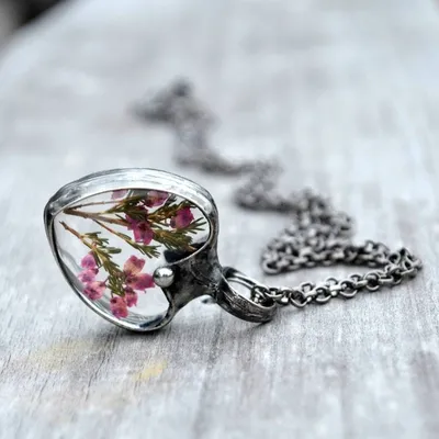 Alternate image for Pressed Flower Necklace for Women, Pink Scottish Heather Heart Pendant, Quality Glass Jewelry, Valentines Day Gift for Her