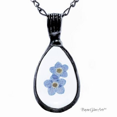 Alternate image for Pressed Flower Necklace, Real Forget Me Not Jewelry, Blue Botanical Teardrop Pendant, Quality Glass Necklace for Women,