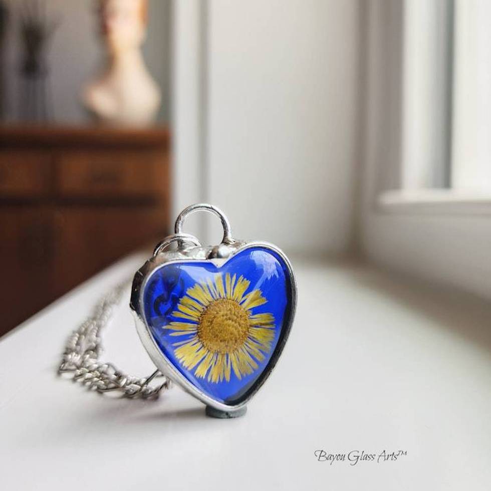 Blue Stained Glass Heart Necklace for Women, Real Pressed Flower Sunflower Pendant, Valentine's Day Jewelry Gift for Her