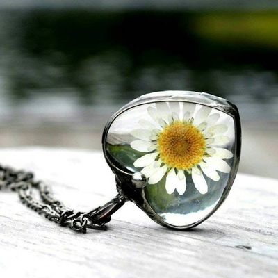 Alternate image for Real Pressed Flower Daisy Heart Pendant Necklace for Women, Stained Glass Jewelry
