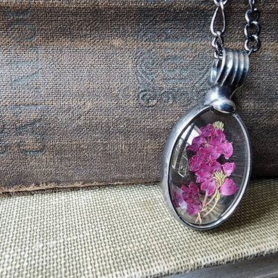 Alternate image for Pressed Flower Pendant Necklace for Women, Real Pink Scottish Heather Wildflowers, Glass Terrarium Jewelry