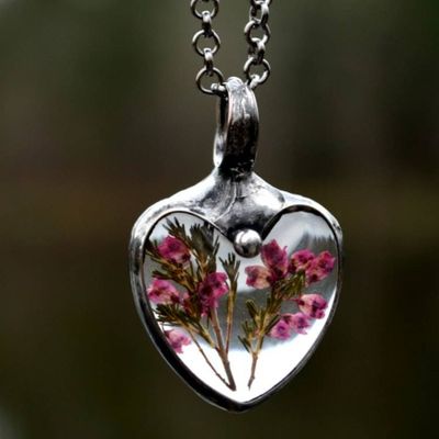 Primary image for Pressed Flower Necklace for Women, Pink Scottish Heather Heart Pendant, Quality Glass Jewelry, Valentines Day Gift for Her