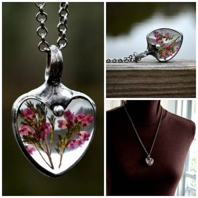 Alternate image for Pressed Flower Necklace for Women, Pink Scottish Heather Heart Pendant, Quality Glass Jewelry, Valentines Day Gift for Her
