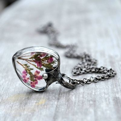 Alternate image for Pressed Flower Necklace for Women, Pink Scottish Heather Heart Pendant, Quality Glass Jewelry, Valentines Day Gift for Her