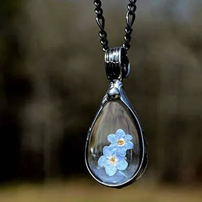 Alternate image for Pressed Flower Necklace, Real Forget Me Not Jewelry, Blue Botanical Teardrop Pendant, Quality Glass Necklace for Women,