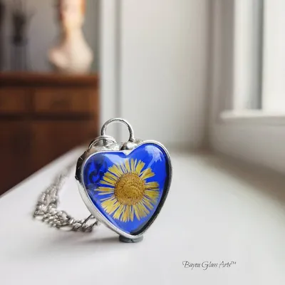 Primary image for Blue Stained Glass Heart Necklace for Women, Real Pressed Flower Sunflower Pendant, Valentines Day Jewelry Gift for Her