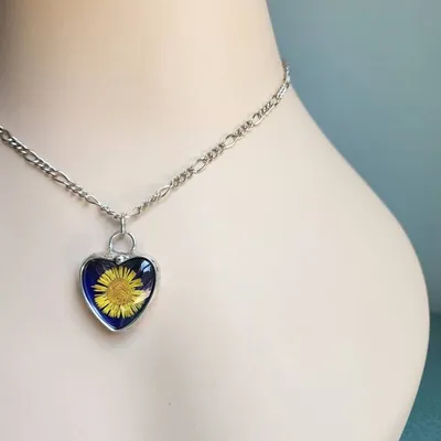 Alternate image for Blue Stained Glass Heart Necklace for Women, Real Pressed Flower Sunflower Pendant, Valentines Day Jewelry Gift for Her