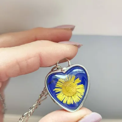 Alternate image for Blue Stained Glass Heart Necklace for Women, Real Pressed Flower Sunflower Pendant, Valentines Day Jewelry Gift for Her