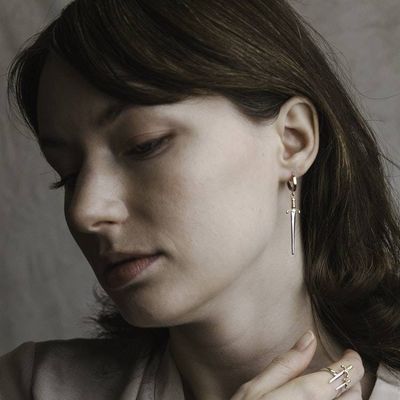 Alternate image for Bronze Huggie Hoops with Mixed Metal Swords