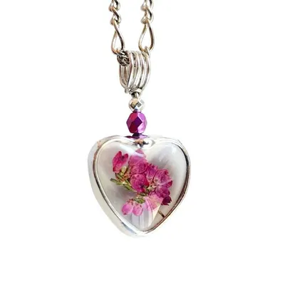 Primary image for Pressed Flower Jewelry, Heather Heart Charm, Pink Scottish Heather Necklace, Quality Glass Pendant, Valentines Day Gift for Her