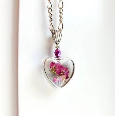 Alternate image for Pressed Flower Jewelry, Heather Heart Charm, Pink Scottish Heather Necklace, Quality Glass Pendant, Valentines Day Gift for Her