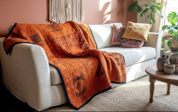 Alternate image for Beautiful Sun-Kissed Amber Guatemalan Mixed Huipile Embroidered Blanket or Throw