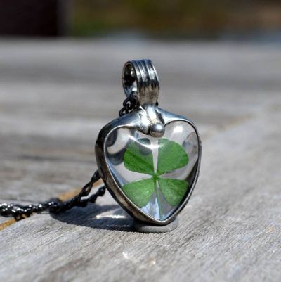 Primary image for 4 Leaf Clover Heart Pendant, Lucky Charm Necklace for Women, St. Patricks Day Jewelry