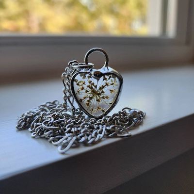 Alternate image for Pressed Flower Pendant Necklace, White Queen Annes Lace Heart Jewelry, Lace Anniversary Gift for Wife