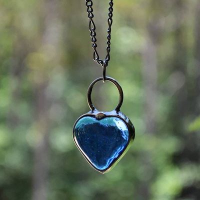 Alternate image for Handmade Chunky Heart Necklace, Thick Glass Pendant, Blue Heart Jewelry, Valentines Day Gift for Her