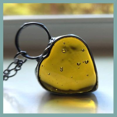 Primary image for Chunky Glass Heart Pendant, Amber Heart Necklace, Yellow Glass Heart Jewelry