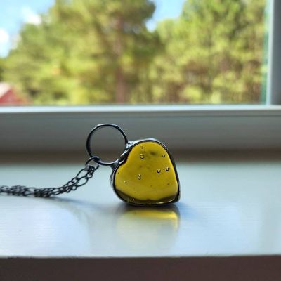 Alternate image for Chunky Glass Heart Pendant, Amber Heart Necklace, Yellow Glass Heart Jewelry