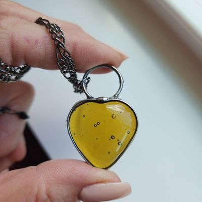 Alternate image for Chunky Glass Heart Pendant, Amber Heart Necklace, Yellow Glass Heart Jewelry