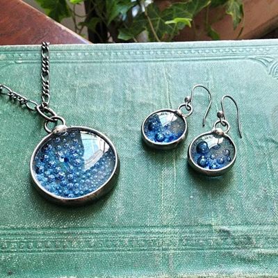 Alternate image for Blue Bubble Dot Earrings, Handcrafted Fused Glass Dangles, Blue Mermaid Kiss Drop Earrings