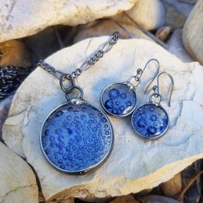 Alternate image for Blue Bubble Dot Earrings, Handcrafted Fused Glass Dangles, Blue Mermaid Kiss Drop Earrings