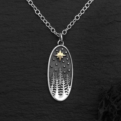 Alternate image for Sterling Silver Pine Tree Necklace with Bronze Star