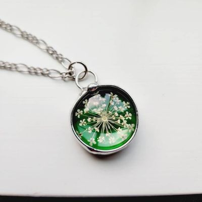 Primary image for Green Stained Glass Pendant, Pressed Flower Necklace, Queen Annes Lace Wildflowers, 13th Anniversary Gift