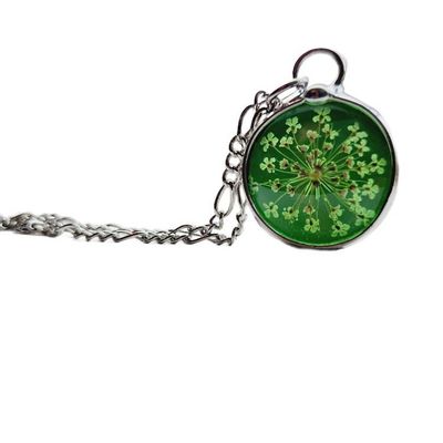 Alternate image for Green Stained Glass Pendant, Pressed Flower Necklace, Queen Annes Lace Wildflowers, 13th Anniversary Gift