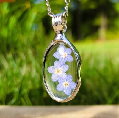 Alternate image for Pressed Flower Necklace for Women, Blue Forget Me Not Pendant, Quality Glass Jewelry
