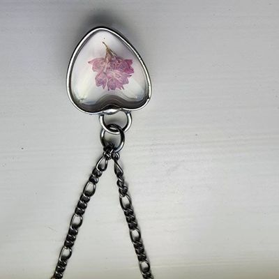 Alternate image for Pressed Flower Necklace for Women, Dainty Heather Heart Pendant Charm, Glass not Resin, Real Pink Wildflowers