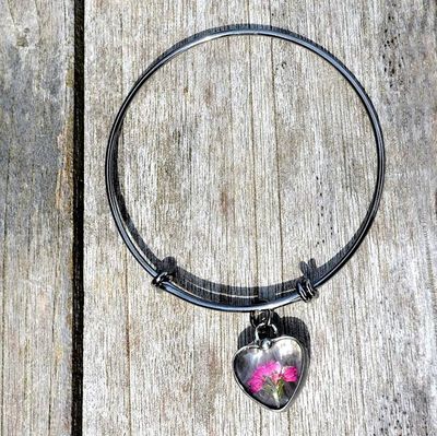 Alternate image for Pressed Flower Jewelry, Pink Heather Heart Bracelet, Quality Glass Pendant, Valentines Day Gift for Her