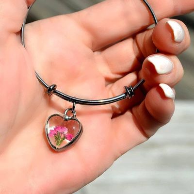 Alternate image for Pressed Flower Jewelry, Pink Heather Heart Bracelet, Quality Glass Pendant, Valentines Day Gift for Her