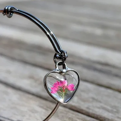 Alternate image for Pressed Flower Jewelry, Pink Heather Heart Bracelet, Quality Glass Pendant, Valentines Day Gift for Her