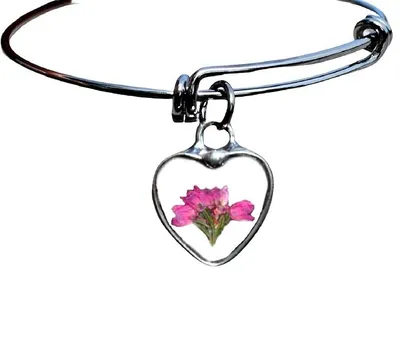 Alternate image for Pressed Flower Jewelry, Pink Heather Heart Bracelet, Quality Glass Pendant, Valentines Day Gift for Her