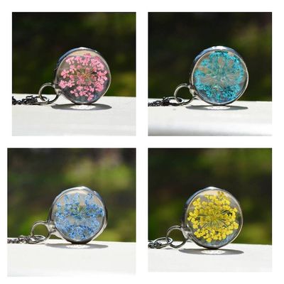 Alternate image for Pressed Flower Pendant Necklace for Women, Teal Queen Annes Lace Wildflowers, Glass not Resin