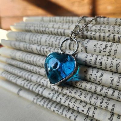 Alternate image for Handmade Chunky Heart Necklace, Thick Aquamarine Glass Pendant, Valentines Day Gift for Her
