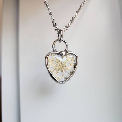Alternate image for Pressed Flower Pendant Necklace, White Queen Annes Lace Heart Jewelry, Lace Anniversary Gift for Wife