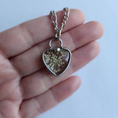 Alternate image for Pressed Flower Pendant Necklace, White Queen Annes Lace Heart Jewelry, Lace Anniversary Gift for Wife