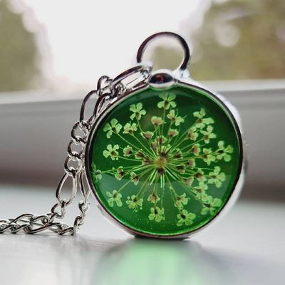Alternate image for Green Stained Glass Pendant, Pressed Flower Necklace, Queen Annes Lace Wildflowers, 13th Anniversary Gift