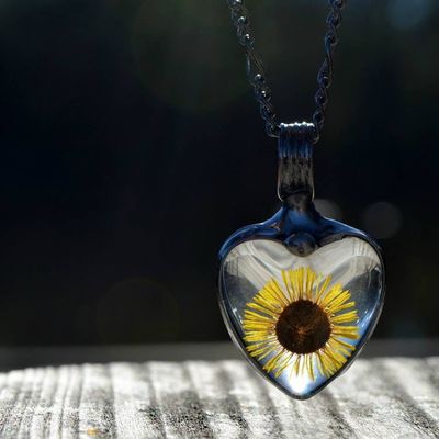 Alternate image for Pressed Flower Necklace for Women, Sunflower Heart Pendant, Real Yellow Aster Jewelry, Glass not Resin