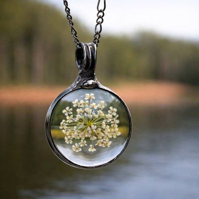 Alternate image for Queen Annes Lace Pendant Necklace, Real Pressed Flower Jewelry for Women, 13th Anniversary Gift for Wife