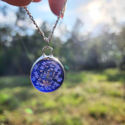 Alternate image for Stained Glass Pendant, Pressed Flower Jewelry, Queen Annes Lace Necklace for Women, Glass not Resin